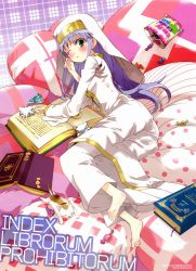 Rule 34 | 1girl, barefoot, bed, blue hair, blush, book, candy, cat, feet, flat chest, food, from above, green eyes, habit, hat, index (toaru majutsu no index), kogino chuuya, long hair, looking up, lying, non-web source, one eye closed, pillow, robe, safety pin, solo, sphinx (to aru majutsu no index), sphinx (toaru majutsu no index), toaru majutsu no index, wink