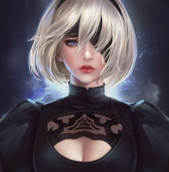 Rule 34 | 1girl, blindfold, blue eyes, breasts, cleavage cutout, clothing cutout, headband, highres, looking at viewer, medium breasts, mole, mole under mouth, nier:automata, nier (series), one eye covered, parted lips, portrait, quianyu mo, silver hair, solo, 2b (nier:automata)