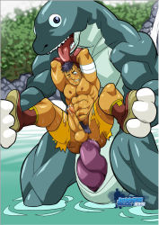 Rule 34 | 2boys, abs, anal, artist request, censored, highres, holding legs, huge penis, interspecies, large insertion, long tongue, male focus, male penetrated, monster, monster on male, multiple boys, muscular, outdoors, pectorals, penis, rape, restrained, shunpei nakama, shunpei nakata, spread legs, tentacle sex, tentacles, tentacles on male, tongue, tongue out, torn clothes, water, yaoi