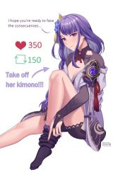 Rule 34 | 1girl, closed mouth, english text, flower, genshin impact, hair flower, hair ornament, highres, invisible chair, japanese clothes, kimono, like and retweet, long hair, looking at viewer, meme, purple eyes, purple hair, raiden shogun, signature, simple background, sitting, smile, solo, thighhighs, twitter strip game (meme), typo, undressing, white background, yura s arts