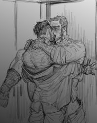Rule 34 | 2boys, anal, arms around neck, bara, beard stubble, blush, buzz cut, clothed sex, couple, facial hair, french kiss, from behind, golden kamuy, greyscale, highres, kasuke (li tgknk), kiss, leg up, loose hair strand, male focus, male penetrated, mature male, monochrome, multiple boys, muscular, muscular male, off shoulder, ogata hyakunosuke, open pants, pants, sex, short hair, sketch, socks, stubble, tanigaki genjirou, thick eyebrows, very short hair, yaoi