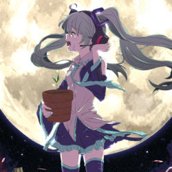 Rule 34 | 1girl, aqua hair, crying, detached sleeves, closed eyes, full moon, hatsune miku, headphones, hello planet (vocaloid), long hair, mattie, moon, plant, potted plant, solo, tears, thighhighs, torn clothes, twintails, vocaloid