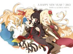 Rule 34 | 10s, 2013, 3girls, :d, ^ ^, ankle lace-up, azami (kagerou project), bandages, black hair, blonde hair, blush, closed eyes, cross-laced footwear, dress, flower, hair flower, hair ornament, happy, happy new year, hug, kagerou project, kozakura marry, kozakura shion, long hair, md5 mismatch, mother and daughter, multiple girls, new year, nori9605, open mouth, red eyes, resolution mismatch, ribbon, shion (kagerou project), smile, source smaller, souzou forest (vocaloid), vocaloid