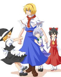 Rule 34 | 4girls, alice margatroid, ascot, black hair, blonde hair, blue eyes, boots, bow, brown eyes, capelet, child, cross-laced footwear, detached sleeves, closed eyes, female focus, hair bow, hair tubes, hairband, hakurei reimu, holding hands, hat, holding another&#039;s wrist, hug, izayoi sakuya, kirisame marisa, lace-up boots, maid, maid headdress, mary janes, multiple girls, purple eyes, sen&#039;yuu yuuji, shoes, short hair, silver hair, touhou, witch hat, aged down