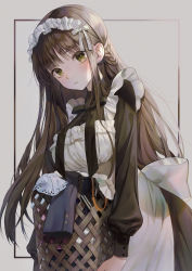 Rule 34 | 1girl, apron, black dress, black neckwear, blush, braid, breasts, brown hair, closed mouth, commentary request, dress, frilled apron, frills, green eyes, grey background, hair ribbon, highres, holding, large breasts, laundry, laundry basket, long hair, long sleeves, maid, maid headdress, mole, mole under eye, myoushun, original, ribbon, side braid, simple background, single braid, solo, white apron