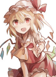 Rule 34 | 1girl, :d, ascot, blonde hair, blush, flandre scarlet, happy, looking at viewer, open mouth, reaching, reaching towards viewer, red eyes, side ponytail, skirt, skirt set, smile, solo, tare nu (usesase), touhou, vest, wings