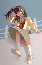 Rule 34 | 1girl, absurdres, adjusting hair, artist request, black hair, blush, cardigan, character request, from below, full body, fumetsu no anata e, hand up, highres, long hair, long skirt, looking at viewer, open cardigan, open clothes, outdoors, parted lips, railing, red eyes, sailor collar, school uniform, shoes, sidelighting, simple background, sitting, skirt, sneakers, socks, solo, white socks