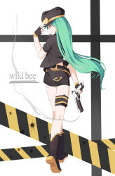 Rule 34 | 1girl, black gloves, black hat, boots, character request, copyright request, earrings, fingerless gloves, gloves, green hair, gun, handgun, hat, high heel boots, high heels, highres, holding, holding gun, holding weapon, jewelry, long hair, looking at viewer, pistol, smile, smoke, smoking gun, solo, weapon, yellow eyes, yiran kuxiao