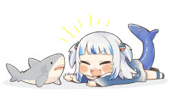 Rule 34 | 1girl, absurdres, blue hair, blue hoodie, blunt bangs, blush, chibi, chibi only, closed eyes, commentary, english commentary, fins, fish tail, full body, gawr gura, gawr gura (1st costume), hair ornament, highres, hololive, hololive english, hood, hoodie, lying, medium hair, multicolored hair, on stomach, open mouth, same anko, shadow, shark girl, shark hair ornament, shark tail, sharp teeth, silver hair, simple background, sleeves past wrists, solo, streaked hair, stuffed animal, stuffed shark, stuffed toy, tail, teeth, two side up, upper teeth only, virtual youtuber, white background
