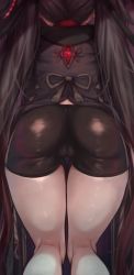 Rule 34 | 1girl, absurdres, ass, ass focus, brown hair, chinese clothes, cleft of venus, from behind, genshin impact, highres, hu tao (genshin impact), huge ass, long hair, shiny clothes, shiny skin, short shorts, shorts, solo, torriet, very long hair