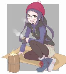 Rule 34 | 1girl, :d, ankle boots, arm support, beanie, black-framed eyewear, black jacket, black pantyhose, blue footwear, blue shirt, blunt bangs, boots, breath, brown eyes, collared shirt, commentary, cross-laced footwear, cup, fire, full body, glasses, hat, holding, holding cup, hood, hooded jacket, hoodie, ina (gokihoihoi), jacket, lace-up boots, layered clothes, leaning to the side, long hair, long sleeves, looking at viewer, nike (company), oogaki chiaki, open mouth, outside border, over-rim eyewear, pantyhose, pink hat, purple hair, semi-rimless eyewear, shadow, shirt, sitting, sleeveless, sleeveless jacket, smile, solo, steam, yurucamp