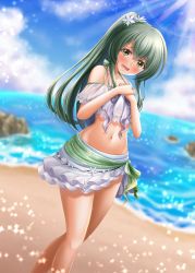 Rule 34 | 1girl, assault lily, bare shoulders, beach, bikini, bikini skirt, blue sky, blurry, blurry background, blush, cloud, collarbone, commentary request, crossed bangs, day, dutch angle, embarrassed, feet out of frame, flower, frilled bikini, frills, green eyes, green hair, groin, hair between eyes, hair flower, hair ornament, halterneck, hand on own chest, hands up, head tilt, high ponytail, highres, horizon, jewelry, layered bikini, light particles, looking at viewer, navel, ocean, official alternate costume, official alternate hairstyle, open mouth, outdoors, own hands together, ponytail, raised eyebrows, ring, rock, see-through, short sleeves, sidelocks, sky, solo, standing, stomach, sunlight, sweatdrop, swimsuit, toki kureha, tsutsuo rashin, wavy mouth, white bikini, white flower