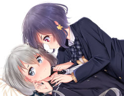 Rule 34 | 10s, 2girls, bed sheet, black bow, black dress, black jacket, black sailor collar, blue eyes, blush, bow, brown sweater, closed mouth, collared shirt, commentary request, dress, grey hair, hair between eyes, hand up, jacket, konno junko, looking away, lying, mad (hazukiken), mizuno ai, multiple girls, on back, open clothes, open jacket, plaid, plaid bow, profile, purple hair, red eyes, sailor collar, sailor dress, shirt, sweater, white background, white shirt, zombie land saga