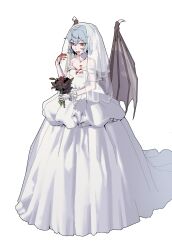 Rule 34 | 1girl, absurdres, alternate costume, bare shoulders, black flower, blood, blood drip, blood from mouth, blood on clothes, blood on face, blood on flower, blood on hands, bloody clothes, bloody dress, blue hair, bouquet, breasts, bridal veil, commentary request, crinoline, demon wings, dress, flower, full body, hand up, highres, holding, holding bouquet, hoop skirt, jewelry, looking ahead, necklace, off-shoulder dress, off shoulder, red eyes, red nails, remilia scarlet, ring, see-through, short hair, simple background, slit pupils, small breasts, touhou, veil, wedding dress, wedding ring, white background, white dress, white wrist cuffs, wings, wrist cuffs, youpofen