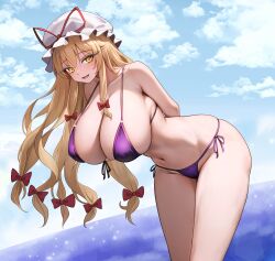 1girl absurdres arms_behind_back bare_arms bare_legs bare_shoulders bikini blonde_hair bow breasts cleavage collarbone cowboy_shot groin hair_bow hat hat_ribbon highres large_breasts long_hair looking_at_viewer mob_cap navel open_mouth purple_bikini purple_eyes red_bow red_ribbon ribbon smile solo sugar_you swimsuit touhou white_hat yakumo_yukari