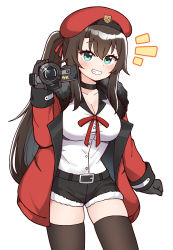 Rule 34 | 1girl, belt, beret, black choker, black gloves, black shorts, black thighhighs, blue eyes, breasts, brown hair, buttons, camera, choker, cleavage, collared shirt, cowboy shot, cutoffs, dress shirt, fur trim, gloves, griffin &amp; kryuger military uniform, grin, hand up, hat, highres, holding, jacket, junsuina fujunbutsu, large breasts, long hair, long sleeves, looking at viewer, open clothes, open jacket, original, red hat, red jacket, red ribbon, ribbon, shirt, shirt tucked in, short shorts, shorts, side ponytail, simple background, skindentation, smile, solo, standing, thighhighs, thighs, white background, white shirt