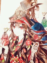 Rule 34 | 1boy, 1girl, black kimono, bracelet, brother and sister, brown hair, candy apple, closed mouth, commentary request, crazy straw, dot nose, drinking straw, fate/grand order, fate (series), floating hair, floral print, food, hair between eyes, haori, hat, highres, holding, japanese clothes, jewelry, kimono, long hair, long sleeves, looking at viewer, obi, oda nobukatsu (fate), oda nobunaga (fate), oda nobunaga (koha-ace), peaked cap, photo (medium), red eyes, rioka (southern blue sky), sash, siblings, smile, traditional media, wide sleeves