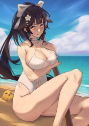 Rule 34 | 1girl, azur lane, bad id, bad pixiv id, beach, bird, black hair, blue sky, bokken, bow, breasts, brown eyes, casual one-piece swimsuit, chick, cleavage, cloud, commentary request, criss-cross halter, day, hair flaps, halterneck, highres, jmao, large breasts, long hair, looking at viewer, manjuu (azur lane), one-piece swimsuit, outdoors, ponytail, sky, solo, swimsuit, sword, takao (azur lane), takao (beach rhapsody) (azur lane), weapon, white bow, white one-piece swimsuit, wooden sword