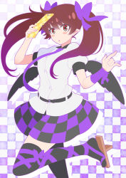 Rule 34 | 1girl, alternate eye color, arm up, belt, black belt, black skirt, black thighhighs, black wings, blush stickers, bow, breasts, brown footwear, brown hair, cellphone, checkered background, checkered clothes, checkered skirt, commentary request, eichi yuu, feet out of frame, flat color, geta, hair between eyes, hair bow, highres, himekaidou hatate, holding, holding phone, leg ribbon, leg up, long hair, looking at viewer, medium breasts, miniskirt, parted lips, phone, pointy ears, puffy short sleeves, puffy sleeves, purple background, purple bow, purple ribbon, purple skirt, red eyes, ribbon, shirt, short sleeves, skirt, solo, tengu-geta, thighhighs, thighs, touhou, twintails, white background, white shirt, wings, wrist ribbon, zettai ryouiki