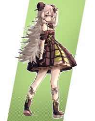 Rule 34 | 1girl, absurdres, alternate costume, arknights, bare shoulders, black dress, black footwear, black gloves, boots, brown ribbon, bun cover, dated, double bun, dress, fingerless gloves, from behind, full body, gaoling gangqin, gloves, green background, grey hair, hair bun, highres, leg ribbon, long hair, looking at viewer, looking back, mulberry (arknights), off-shoulder dress, off shoulder, pointy ears, purple eyes, ribbon, short sleeves, simple background, smile, solo, split mouth, standing, two-tone background, very long hair, white background