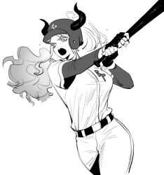 Rule 34 | 1girl, baseball bat, belt, commentary, cowboy shot, english commentary, fingerless gloves, gloves, greyscale, helmet, high ponytail, holding, holding baseball bat, horns, long sleeves, looking to the side, monochrome, one piece, open mouth, pants, ponytail, raine (acke2445), shirt, solo, yamato (one piece)