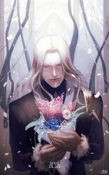 Rule 34 | 1boy, beard, black coat, black shirt, blue flower, blue rose, bouquet, closed eyes, coat, daisy, dated, doumu (airen), facial hair, facing viewer, falling petals, fate/apocrypha, fate/grand order, fate (series), flower, grey hair, holding, holding bouquet, hyacinth, long hair, male focus, mature male, parted bangs, petals, pink flower, rose, shirt, smile, solo, turtleneck, upper body, vlad iii (fate/apocrypha), white flower