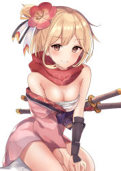 Rule 34 | 1girl, absurdres, arm guards, bare shoulders, blonde hair, blush, breasts, brown eyes, cleavage, commentary request, djeeta (granblue fantasy), flower, granblue fantasy, grin, hair flower, hair ornament, highres, japanese clothes, katana, kengo (granblue fantasy), kimono, long sleeves, natsu (sinker8c), parted lips, pink kimono, red flower, red scarf, sarashi, scarf, sheath, sheathed, simple background, sitting, small breasts, smile, socks, solo, sword, weapon, white background, white socks, wide sleeves