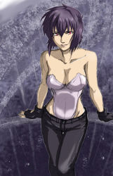 Rule 34 | 1girl, bare arms, bare shoulders, black gloves, black pants, breasts, cleavage, closed mouth, cyborg, female focus, fence, fingerless gloves, from above, ghost in the shell, gloves, hair between eyes, hip focus, kusanagi motoko, legs, leotard, looking at viewer, looking up, medium breasts, pants, purple hair, rain, red eyes, short hair, smile, solo, standing, strapless, strapless leotard, thighs, yanami (yanayana company)