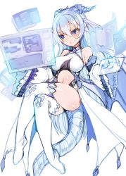 Rule 34 | 1girl, absurdres, bare shoulders, blue eyes, blue hair, blush, bright pupils, center opening, crossed legs, detached sleeves, dragon horns, dragon tail, full body, hair between eyes, harigane shinshi, head wings, highres, holographic interface, horns, long hair, navel, original, solo, tail, thighhighs, white background, white thighhighs, wide sleeves, wings