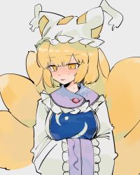 Rule 34 | 1girl, animal hat, blonde hair, blush, breast hold, breasts, dated, full-face blush, gotou (nekocat), grey background, hat, highres, medium hair, mob cap, multiple tails, own hands together, mob cap, simple background, solo, sweat, tail, touhou, upper body, wide sleeves, yakumo ran, yellow eyes