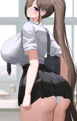 Rule 34 | 1girl, absurdres, ass, bag, black skirt, blue eyes, blush, breast pocket, breasts, brown hair, chair, classroom, closed mouth, collared shirt, commentary request, desk, head tilt, highres, huge breasts, long hair, md5 mismatch, necktie, nicorima, original, panties, pleated skirt, pocket, ponytail, resolution mismatch, school bag, school chair, school desk, school uniform, shirt, shirt tucked in, short sleeves, skirt, solo, source larger, standing, tented shirt, thighs, underwear, very long hair, wedgie, white panties, white shirt, window