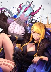 Rule 34 | 2girls, :p, bare shoulders, blonde hair, blue hair, bracelet, breasts, cleavage, colored skin, dark-skinned female, dark skin, dragon girl, facial mark, fate/grand order, fate (series), fur trim, highres, horns, hsin, ibuki douji (fate), jewelry, long hair, looking at viewer, meme attire, multiple girls, pointy ears, purple eyes, purple skin, single horn, sitting, slit pupils, sweater, tongue, tongue out, turtleneck, turtleneck sweater, virgin killer sweater, vritra (fate)