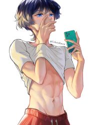 Rule 34 | 1boy, anemo symbol (genshin impact), blue eyes, blue hair, cellphone, clothes lift, coloryraven, covering own mouth, genshin impact, guilty challenge (meme), hand over own mouth, highres, holding, holding phone, male focus, meme, muscular, muscular male, navel, pants, phone, red pants, scaramouche (genshin impact), shirt, shirt lift, short hair, smartphone, solo, stomach, t-shirt, white shirt