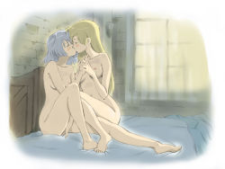 Rule 34 | 00s, 2girls, bad id, bad pixiv id, barefoot, bed, blonde hair, blush, breasts, caracol, closed eyes, completely nude, couple, curtains, eila ilmatar juutilainen, feet, female focus, fingering, holding hands, indoors, kiss, legs, long hair, medium breasts, multiple girls, nipples, nude, room, sanya v. litvyak, short hair, silver hair, sitting, strike witches, window, world witches series, yuri