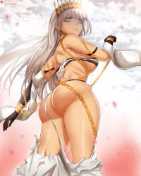 Rule 34 | 1girl, ass, bare shoulders, blue eyes, breasts, chain, crown, fate/grand order, fate (series), from behind, from below, gloves, highres, huge ass, large breasts, long hair, looking at viewer, o22no, parted lips, shiny skin, sideboob, silver hair, solo, thick thighs, thighs, thong, very long hair, zenobia (fate)