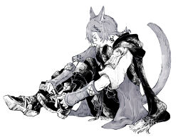 Rule 34 | 1boy, animal ears, black footwear, black pants, black scarf, boots, braid, braided ponytail, cat boy, cat ears, cat tail, commentary, dated, elbow gloves, facial mark, final fantasy, final fantasy xiv, fingerless gloves, from side, full body, g&#039;raha tia, gloves, greyscale, hair ornament, highres, itowo (itowc), jacket, knee boots, knees up, low ponytail, male focus, miqo&#039;te, monochrome, neck tattoo, pants, profile, scarf, shirt, short hair, short ponytail, signature, simple background, single braid, solo, swept bangs, tail, tail raised, tattoo, tying footwear, white background, white shirt, x hair ornament