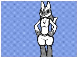 Rule 34 | 1girl, ajin (ajinhdremix), animal ears, animal feet, animated, animated gif, arched back, ass, blinking, blue background, border, breasts, closed mouth, creatures (company), female focus, flipnote studio (medium), from behind, furry, furry female, game freak, gen 4 pokemon, greyscale with colored background, groin, half-closed eyes, hands on own hips, happy, leaning forward, legs, looking at viewer, looking back, lucario, nintendo, no nipples, pawpads, pokemon, pokemon (creature), simple background, sketch, small breasts, smile, snout, solo, standing, tail, tail raised, white border, wolf ears, wolf girl, wolf tail