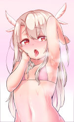 Rule 34 | 1girl, :p, absurdres, animal ears, arm up, armpits, bad id, bad pixiv id, bare shoulders, bell, bikini, blush, bow, breasts, cat ears, dark-skinned female, dark skin, fate/kaleid liner prisma illya, fate (series), feather hair ornament, feathers, gradient background, hair bell, hair between eyes, hair bow, hair in own mouth, hair ornament, heart, heart-shaped pupils, highres, illyasviel von einzbern, jingle bell, light brown hair, long hair, looking at viewer, navel, nipples, nose blush, note2000, o-ring, open mouth, pink background, pink bikini, presenting armpit, red bow, red eyes, round teeth, small breasts, solo, steaming body, sweat, swimsuit, symbol-shaped pupils, teeth, tongue, tongue out, upper body, upper teeth only, very long hair, white background
