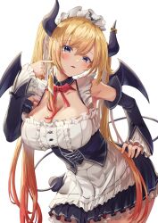 Rule 34 | 1girl, black dress, black sleeves, blonde hair, blurry, blush, breasts, cleavage, cowboy shot, demon girl, demon horns, demon tail, demon wings, detached sleeves, dress, fishnet top, fishnets, frilled dress, frilled sleeves, frills, hair between eyes, heart, highres, hololive, horn ornament, horns, large breasts, long hair, long sleeves, looking at viewer, maid, maid headdress, solo, tail, twintails, virtual youtuber, white background, wings, yam (yam6056), yuzuki choco, yuzuki choco (maid)