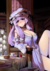 Rule 34 | 1girl, blush, breasts, chair, choker, crescent, crying, eruichi (redphantom), hat, highres, large breasts, long hair, looking at viewer, patchouli knowledge, purple eyes, purple hair, red phantom, sad, sitting, solo, tears, thighs, touhou