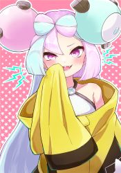 Rule 34 | 1girl, absurdres, aqua hair, bare shoulders, blush, bow-shaped hair, character hair ornament, collarbone, covering own mouth, creatures (company), evil smile, game freak, gen 1 pokemon, grey shirt, hair ornament, hand over own mouth, highres, iono (pokemon), jacket, long hair, looking at viewer, magnemite, multicolored hair, nintendo, open mouth, pink background, pink eyes, pink hair, pokemon, pokemon sv, sharp teeth, shirt, sleeveless, sleeveless shirt, sleeves past fingers, sleeves past wrists, smile, solo, split-color hair, star (symbol), star in eye, starry background, symbol in eye, teeth, tkc (user snjd8547), two-tone hair, wide sleeves, x, yellow jacket
