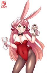 Rule 34 | 1girl, :q, akashi (kancolle), alcohol, alternate costume, animal ears, artist logo, bare shoulders, black bow, black bowtie, blush, bottle, bow, bowtie, breasts, brown pantyhose, cameltoe, cleavage, contrapposto, covered navel, cowboy shot, cup, dated, detached collar, dot nose, fake animal ears, green eyes, hair ribbon, highleg, highleg leotard, highres, holding, holding bottle, holding cup, kanon (kurogane knights), kantai collection, leotard, long hair, looking at viewer, medium breasts, name connection, pantyhose, pink hair, playboy bunny, rabbit ears, rabbit tail, red leotard, red ribbon, revision, ribbon, signature, simple background, smile, solo, standing, strapless, strapless leotard, tail, tongue, tongue out, tress ribbon, v-shaped eyebrows, very long hair, w arms, whiskey, white background, wrist cuffs
