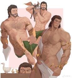 Rule 34 | 2boys, abs, absurdres, armlet, baldur&#039;s gate, baldur&#039;s gate 3, bara, bare pectorals, bird, brown hair, character request, chest hair, chick, collage, covering crotch, covering privates, dark-skinned male, dark skin, duck, dungeons &amp; dragons, elf, halsin, highres, large pectorals, lixiao6342, looking at viewer, male focus, mature male, medium hair, multiple boys, muscular, muscular male, navel, nipples, nude cover, pectorals, pointy ears, sideways glance, smile, stomach, thick eyebrows