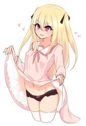 Rule 34 | 1girl, black panties, blonde hair, character request, chawan (yultutari), clothes lift, copyright request, dress, dress lift, groin, highres, lifting own clothes, long hair, navel, open mouth, panties, pink dress, red eyes, ribbon, smile, solo, thighhighs, two side up, underwear, upper body, white thighhighs