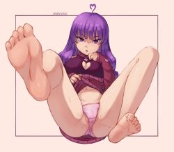 Rule 34 | 1girl, artist name, barefoot, blush, breasts, clothes lift, feet, foot focus, lifted by self, navel, open mouth, paid reward, panties, patchouli knowledge, pink panties, purple eyes, purple hair, pussy, pussy peek, seraziel, spread legs, toes, touhou, underwear