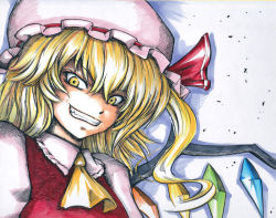 Rule 34 | 1girl, bad id, bad pixiv id, blonde hair, blouse, collared shirt, embodiment of scarlet devil, evil grin, evil smile, fangs, female focus, flandre scarlet, grin, hair between eyes, hat, iroha (nullpo), mob cap, shirt, smile, solo, touhou, traditional media, white hat, white shirt, yellow eyes