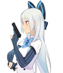 Rule 34 | 1girl, beijuu, blue bow, blue neckwear, bow, brooch, buttons, clip (weapon), closed mouth, double-breasted, elbow gloves, fingerless gloves, girls&#039; frontline, gloves, gun, hair between eyes, hair bow, handgun, jewelry, long hair, magazine (weapon), pinstripe pattern, profile, red eyes, simple background, star (symbol), striped, tokarev (girls&#039; frontline), tokarev tt-33, trigger discipline, weapon, white background, white hair