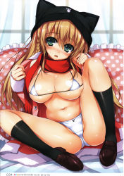 Rule 34 | 10s, 1girl, 2012, absurdres, bed sheet, bikini, black socks, blonde hair, blush, braid, breasts, comic potpourri club, curtains, female focus, frilled pillow, frills, green eyes, hat, highres, jacket, kneehighs, large breasts, loafers, long hair, micro bikini, navel, open clothes, open jacket, open mouth, paw print, pillow, red scarf, scan, scarf, shoes, socks, solo, spread legs, swimsuit, tomose shunsaku, white bikini, window