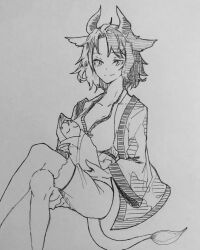 Rule 34 | 1girl, animal ears, breasts, cleavage, closed mouth, cow ears, cow girl, cow horns, crop top, crossed legs, greyscale, haori, highres, horns, japanese clothes, kanaria (bocmn), large breasts, looking at viewer, medium breasts, monochrome, one-hour drawing challenge, short hair, shorts, simple background, sitting, sketch, solo, statue, touhou, traditional media, ushizaki urumi