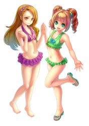 Rule 34 | 10s, 2girls, arm at side, barefoot, bikini, bikini skirt, breasts, brown eyes, brown hair, collarbone, crop top, embarrassed, green eyes, hairband, halterneck, highres, holding hands, idolmaster, idolmaster (classic), idolmaster 2, light brown hair, long hair, looking at viewer, minase iori, multiple girls, open mouth, sandals, simple background, small breasts, standing, standing on one leg, swimsuit, takatsuki yayoi, transparent background, twintails, yimingyang
